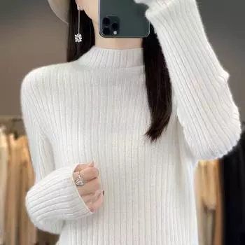 Женский свитер из чистой шерсти с полувысоким воротником и ребристым узором осень/зима 2024 года — облегающий, универсальный и свободный трикотажный топ Medium