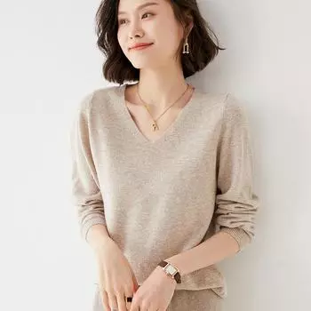 Женский свитер из чистой шерсти с V-образным вырезом - короткий вязаный пуловер на осень/зиму, свободный крой, облегающий верх S