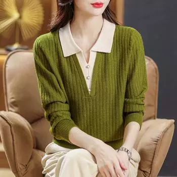 Женский свитер из двух частей с лацканами и длинным рукавом, облегающий повседневный топ, осенне-зимний эластичный трикотажный топ кофейный