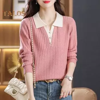 Женский свитер из двух частей с лацканами и длинным рукавом, облегающий повседневный топ, осенне-зимний эластичный трикотажный топ кофейный