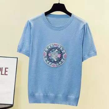 Женский свитер из ледяного шелка в китайском стиле, новая летняя женская тонкая футболка с короткими рукавами, топ с круглым вырезом в китайском стиле L чёрный