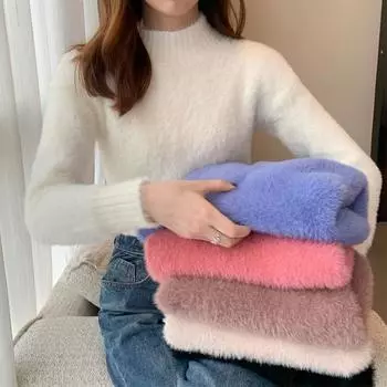 Женский свитер из меха норки с воротником половинной высоты, короткий и толстый плюшевый теплый низ с верхом из плюшевой ткани S белый