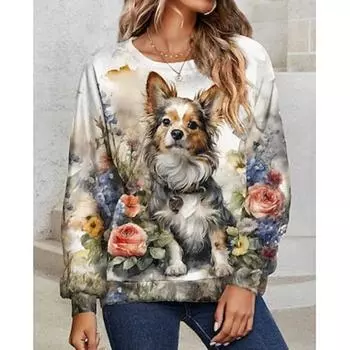 Женский свитер из полиэстера с цветочным принтом и рисунком собаки, повседневная одежда, повседневный принт, модный повседневный свитер с круглым вырезом, длинный рукав, микроэластичный, осень-зима S