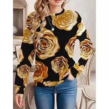 Женский свитер из полиэстера с цветочным принтом, повседневный принт, повседневная толстовка с капюшоном, длинный рукав, микроэластичная, осень-зима S