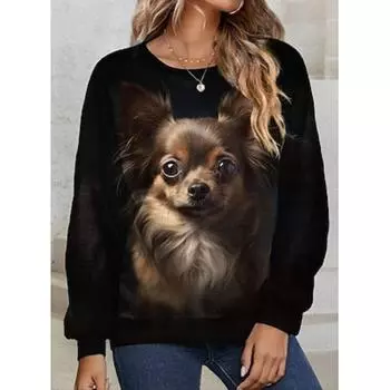 Женский свитер из полиэстера с изображением животных и собак, повседневная одежда, повседневный принт, модный повседневный свитер с круглым вырезом и длинным рукавом, микроэластичный, осень-зима S
