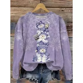 Женский свитер из полиэстера с изображением животных и снежинок, повседневная одежда, повседневный принт, модный повседневный свитер с круглым вырезом и длинным рукавом, микроэластичный, осень-зима S