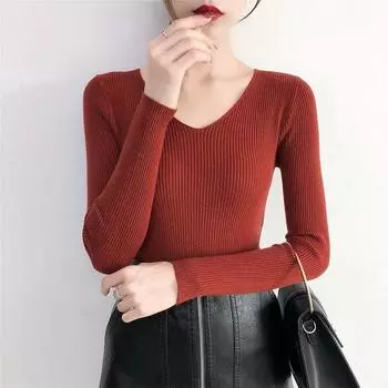 Женский свитер из пряжи с сердечником, пуловер в корейском стиле с V-образным вырезом, трикотаж с длинным рукавом, облегающий базовый топ для осени и зимы S чёрный