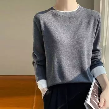 Женский свитер из шерсти осень-зима, повседневный, с круглым вырезом, трикотажные топы, свободные, модные, поддельные, из двух частей, пуловеры S чёрный