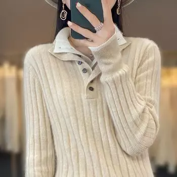 Женский свитер из шерстяной смеси осень-зима, поло, воротник, кардиган, новинка, повседневный, вязаный, свободный, мягкий, жакет, низ, верх XXL