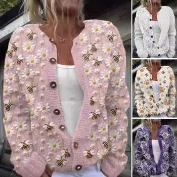 Женский свитер кардиган с круглым вырезом и длинным рукавом с 3D-цветочным узором на пуговицах трикотажная куртка утолщенная теплая осенне-зимняя топы XXXL светло-розовый