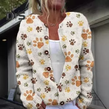 Женский свитер кардиган с круглым вырезом и длинным рукавом с 3D-цветочным узором на пуговицах трикотажная куртка утолщенная теплая осенне-зимняя топы XXXL фиолетовый