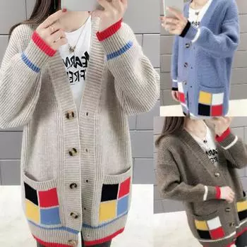 Женский свитер кардиган с V-образным вырезом трикотажные топы для женщин длинные клетчатые холодные зимние модные кашемировые пальто 2000 года S серый