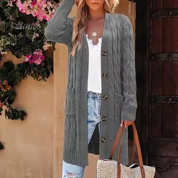 Женский свитер, кардиган с V-образным вырезом, длинным рукавом, перекрученной текстурой, трикотажными топами с карманами, однотонный трикотажный жакет на пуговицах S бежевый