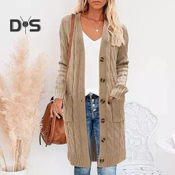 Женский свитер, кардиган с V-образным вырезом, длинным рукавом, перекрученной текстурой, трикотажными топами с карманами, однотонный трикотажный жакет на пуговицах S темно-серого