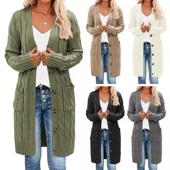 Женский свитер, кардиган с V-образным вырезом, длинным рукавом, перекрученной текстурой, трикотажными топами с карманами, однотонный трикотажный жакет на пуговицах S армия зеленый