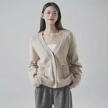 Женский свитер-кардиган свободной вязки с V-образным вырезом, весна 2025 г. - повседневный, ленивый стиль Medium светло-коричневого