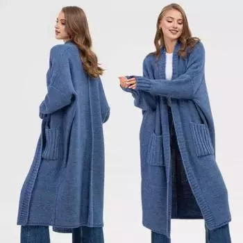 Женский свитер кардиган V-образный вырез длинный рукав ребристая отделка однотонный свитер пальто однотонный XL синий