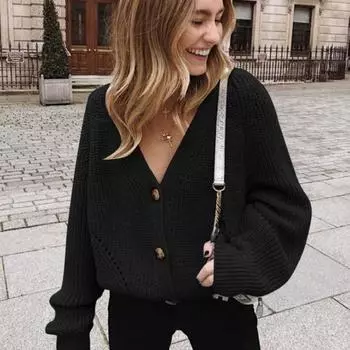 Женский свитер кардиган весна-осень сплошной трикотажный свитер 2025 новый V-образный вырез длинный рукав пуговицы однобортный короткий свитер S хаки