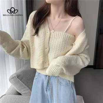 Женский свитер, комплект, осенний повседневный свободный укороченный кардиган с v-образным вырезом и вязаные топы, корейский трикотаж One Size синий