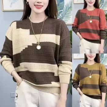 Женский свитер контрастных цветов на весну и осень, универсальный свитер, повседневный свитер с круглым вырезом и длинными рукавами XXXXXL красный