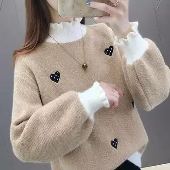 Женский свитер, короткий пуловер из норки, повседневный трикотаж с длинными рукавами, свободный свитер с половиной высокого воротника, пуловер, женские топы