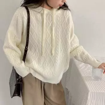 Женский свитер крупной вязки с капюшоном и геометрическим узором, свитер больших размеров One size белый