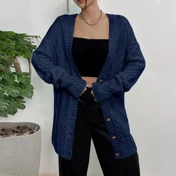 Женский свитер, куртка, повседневный, свободный, с цветочным узором, с V-образным вырезом, средней длины, вязаный кардиган L тёмно-синий