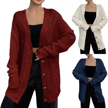 Женский свитер, куртка, повседневный, свободный, с цветочным узором, с V-образным вырезом, средней длины, вязаный кардиган L тёмно-синий