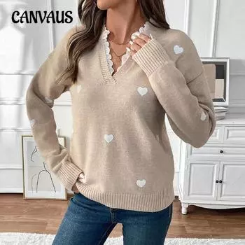 Женский свитер Love Round Neck на осень и зиму, ко Дню святого Валентина, с V-образным вырезом, с кружевом, вязаный свитер S легкие хаки