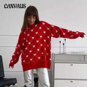 Женский свитер Love Sweater Fall and Winter Temperament средней длины вязаный свитер Love Pullover Круглый вырез свитера S красный