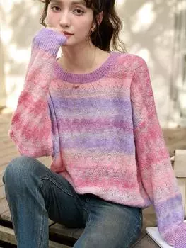 Женский свитер Mishow, новинка осени 2023, в радужную полоску с градиентной строчкой и круглым вырезом, мягкий элегантный пуловер, топы MXC43Z0209 F