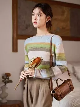 Женский свитер MISHOW, осень 2023, Радужный круглый вырез с длинными рукавами, прямые свободные вязаные топы MXC41Z0155