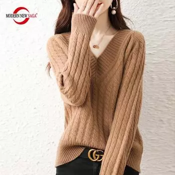 Женский свитер MODERN NEW SAGA, зимние мягкие теплые шерстяные свитера, вязаный пуловер, осенний женский джемпер, вязаный топ с v-образным вырезом S верблюд