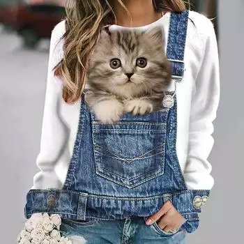 Женский свитер, модная футболка с круглым вырезом и длинным рукавом, свободная одежда из искусственного хлопка, женская повседневная футболка с милым котом для девочек, уличная одежда M