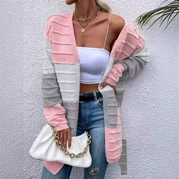 Женский свитер, модная куртка с большим карманом, осенне-зимний длинный полосатый кардиган с цветными блоками S трава зеленый