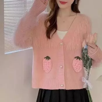 Женский свитер, модный клубничный дизайн, женский вязаный свитер с длинным рукавом, осень-зима, новый свободный кардиган с v-образным вырезом, пальто, вставки, топы S розовый