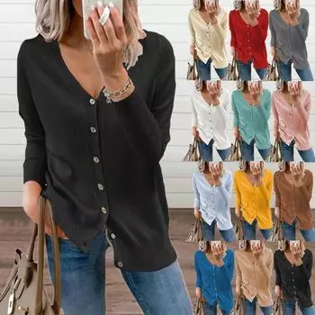 Женский свитер модный плюс размер длинный рукав V-образный вырез пуговицы повседневный свитер джемперы S белый