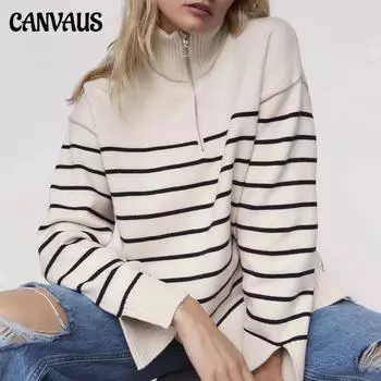 Женский свитер, модный полосатый свободный вязаный свитер на молнии, винтажный асимметричный женский пуловер с длинными рукавами, топы