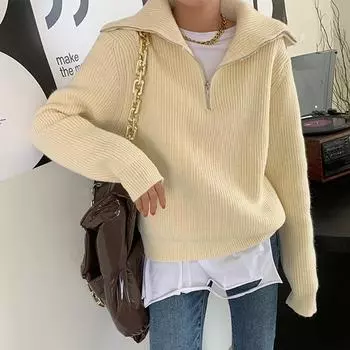 Женский свитер на молнии, вязаный свободный однотонный топ One size серый