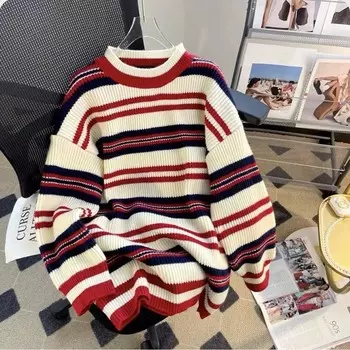 Женский свитер на осень и зиму, повседневный свободный полосатый свитер, простые универсальные женские топы S красный