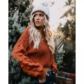 Женский свитер на осень и зиму с толстым лифом и свободными рукавами-фонариками S красный