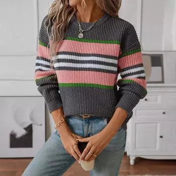 Женский свитер на осень и зиму, свободный пуловер, контрастный круглый вырез, полосатый вязаный свитер S серый