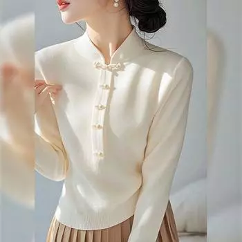 Женский свитер на пуговицах весна-лето 2025 г. с воротником-стойкой, универсальный национальный стиль Large