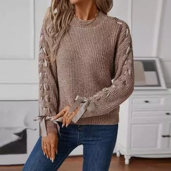 Женский свитер на шнуровке, осенне-зимний однотонный свободный свитер с бантом для женщин S хаки