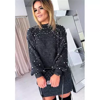 Женский свитер на весну, осень, раннюю зиму, вязаный свитер с длинным рукавом и круглым вырезом, пуловеры, повседневный свободный модный длинный свитер с блестками 2XL армия зеленый