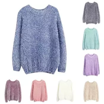 Женский свитер, нижняя часть рубашки, свободный мохеровый женский вязаный свитер, круглый вырез, свитер One Size бежевый