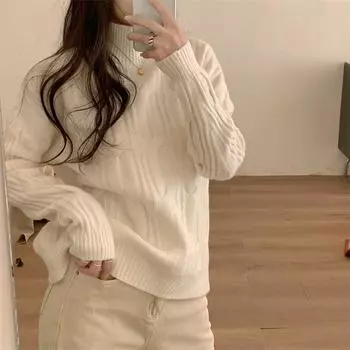 Женский свитер, новый французский ретро-свитер с высоким воротом, женский свободный ворсистый воротник, ленивый ветровой топ One Size чёрный