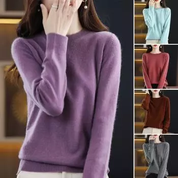 Женский свитер, однотонный, круглый вырез, длинный рукав, облегающий топ, повседневный, осень-зима, вязаные топы, повседневная одежда для путешествий M