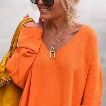 Женский свитер однотонный с V-образным вырезом и длинным рукавом, свободный повседневный, удобный, с длинным рукавом, трикотажный свитер S оранжевый