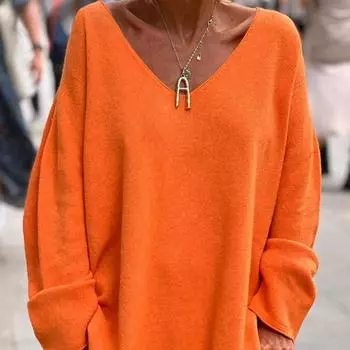 Женский свитер однотонный с V-образным вырезом и длинным рукавом, свободный повседневный, удобный, с длинным рукавом, трикотажный свитер S оранжевый